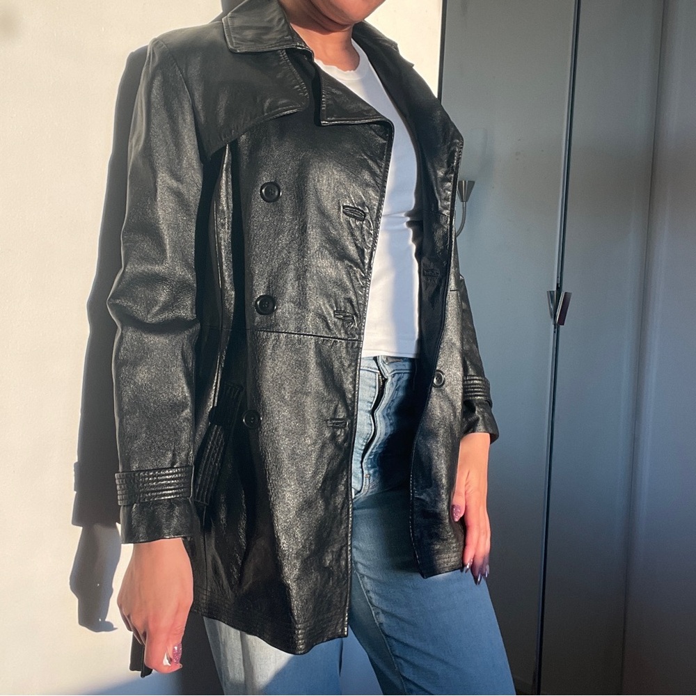 Women's Black Double-Breasted Leather Coat